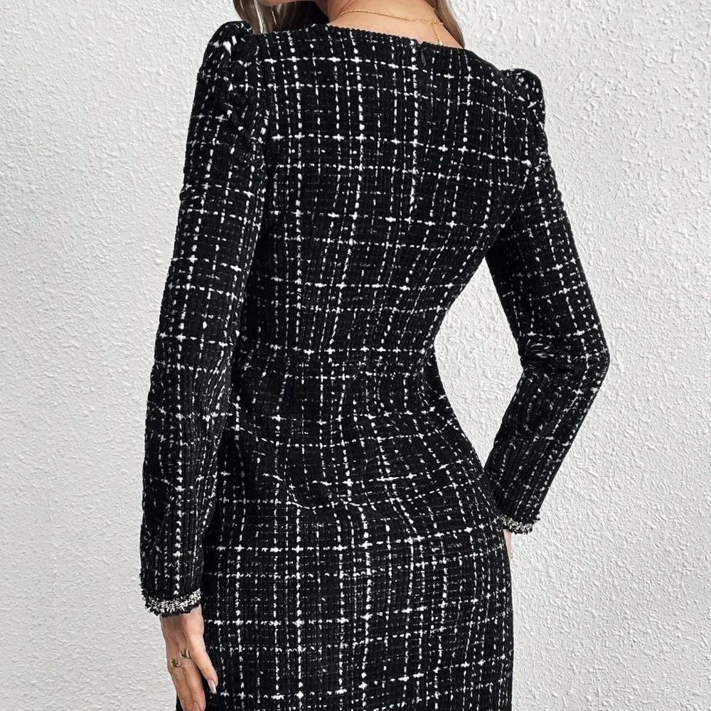 Black Preppy Womens Women's Puff Sleeve Checked Short Dress - Picture 4 of 5